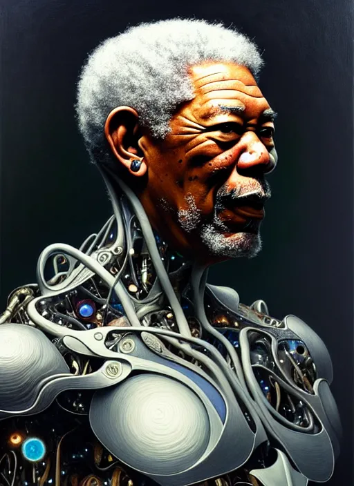 Image similar to morgan freeman as a organic cyborg, diffuse lighting, fantasy, intricate, elegant, highly detailed, lifelike, photorealistic, digital painting, artstation, illustration, concept art, smooth, sharp focus, art by john collier and albert aublet and krenz cushart and artem demura and alphonse mucha