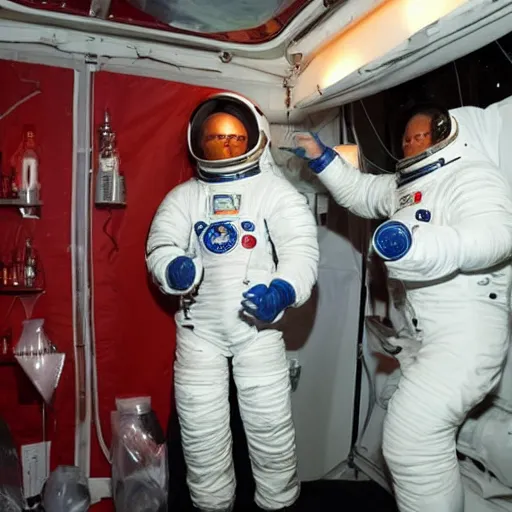 Prompt: in a astronaut suit drinking vodka