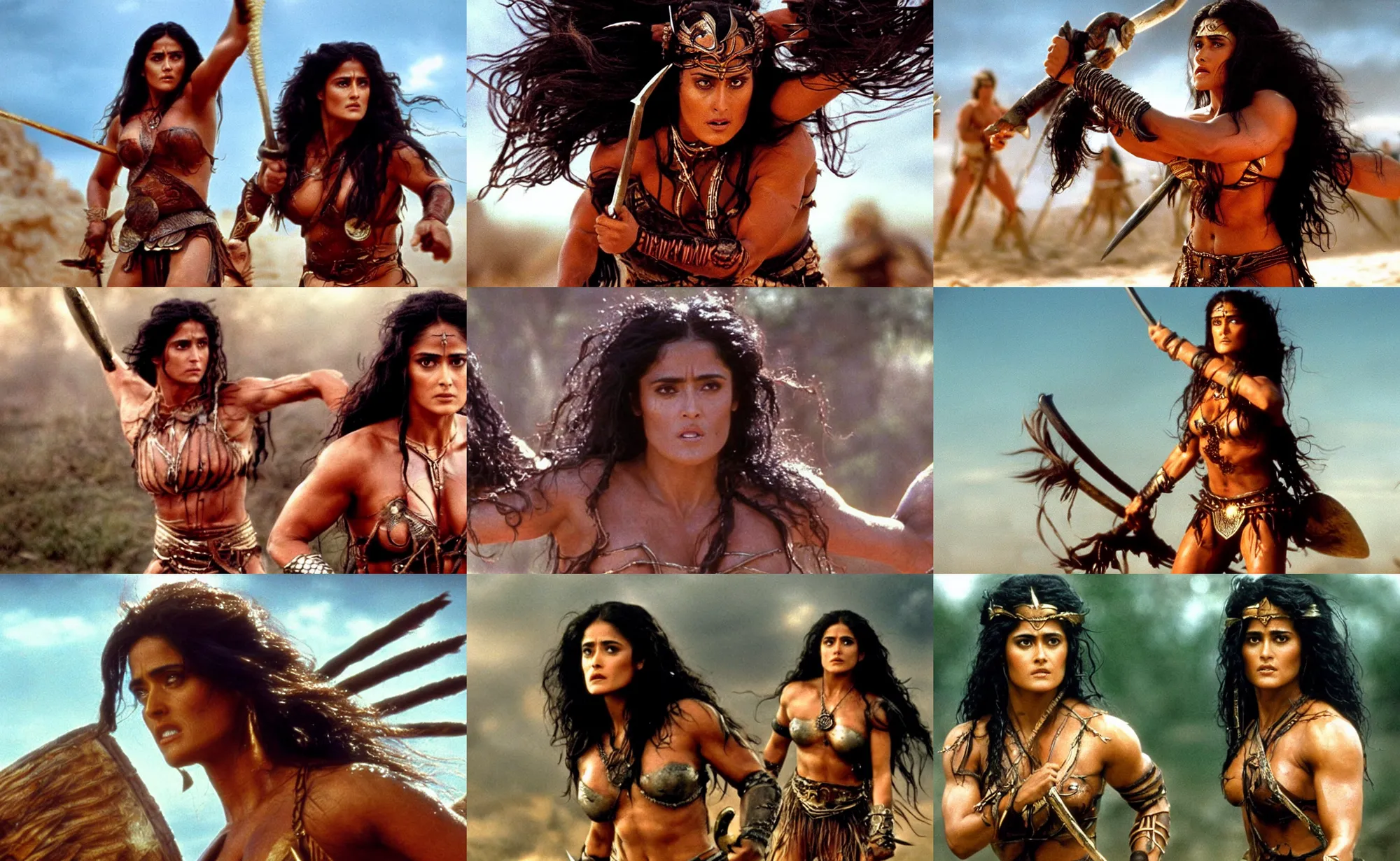 Prompt: epic photo of muscular salma hayek as beautiful amazon warrior queen with long curly black hair, battle scene, sweaty, detailed eyes, neutral expression, shallow depth of field, photorealistic, cinematic lighting, lovely bokeh, warm colours, dusk, movie quality, conan the destroyer 1 9 8 5, movie still, cinemascope