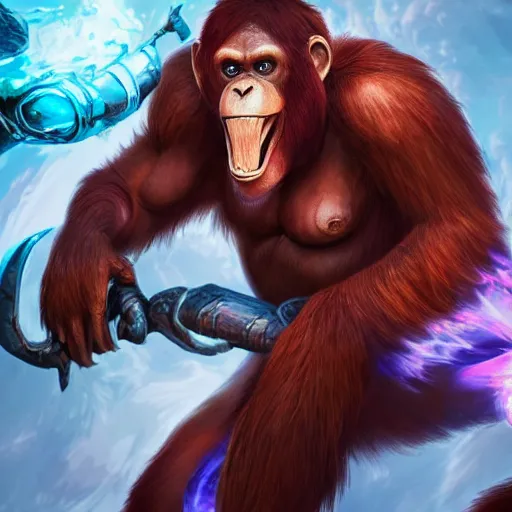 Image similar to league of legends splash art, an orangutan cyborg fights a balrog, high detail, artstation, artgerm