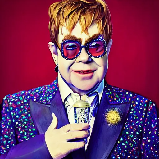 Prompt: elton john by artstation, deviantart, artspace, artspan, artslant, etsy, pixiv, artfol, behance, instagram, artbox, artube, artstar, artsy, minted, beeple, artgerm, surrealism, hyperrealism, symbolism, masterpiece, award - winning intricate 4 k