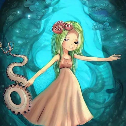 Image similar to a cute octopus girl with a flowy dress under the sea trending on art station fantasy style