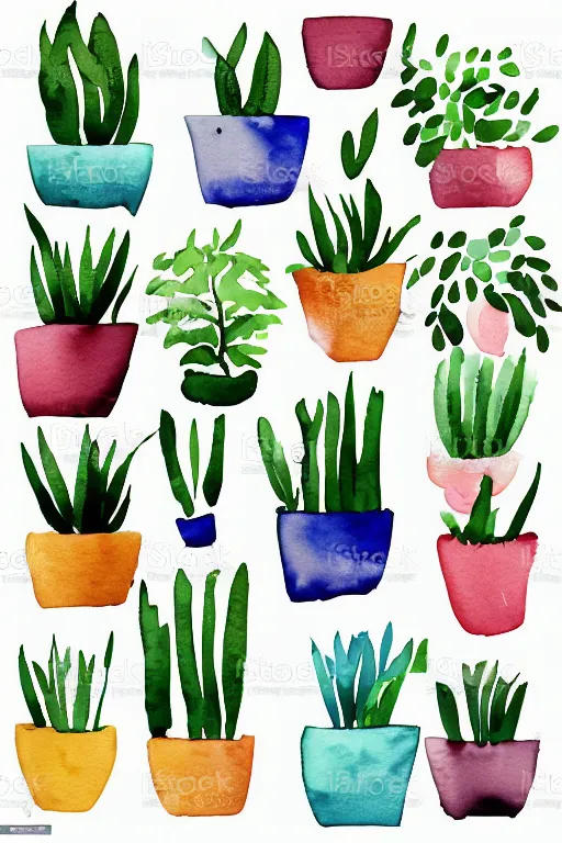 Prompt: minimalist watercolor art of cute flower pots on white background, illustration, vector art