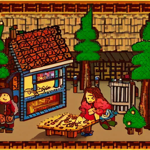 Prompt: Hansel and Gretel meet the witch at the gingerbread house, pixel art, artstation