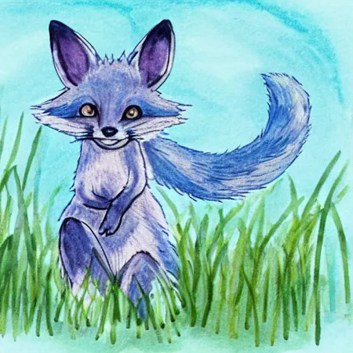 Prompt: a blue tailed fox searching for easter eggs, cute aquarel