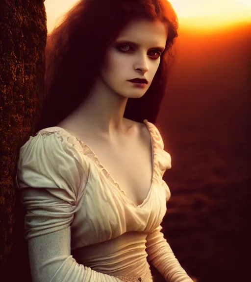 Image similar to photographic portrait of a stunningly beautiful gothic female in soft dreamy light at sunset, contemporary fashion shoot, by edward robert hughes, annie leibovitz and steve mccurry, david lazar, jimmy nelsson, breathtaking, 8 k resolution, extremely detailed, beautiful, establishing shot, artistic, hyperrealistic, beautiful face, octane render