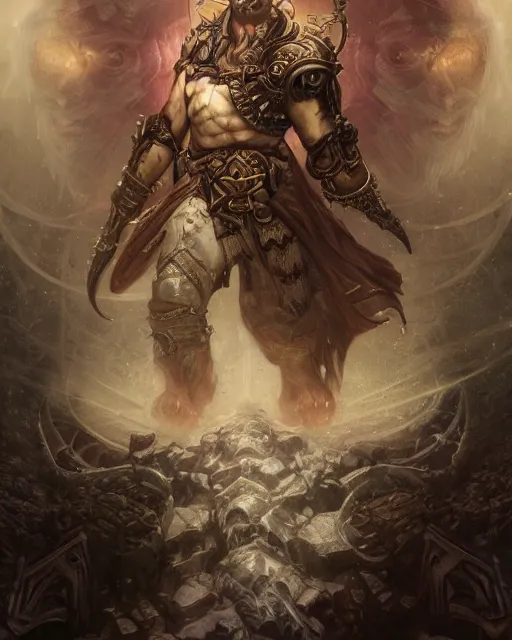 Image similar to Minotaur warrior, centered, portrait, symmetrical, Path of Exile, Diablo, Warhammer, digital painting, highly detailed, concept art, Nekro, Peter Mohrbacher, Alphonse Mucha, Brian Froud, Yoshitaka Amano, Kim Keever, Victo Ngai, James Jean