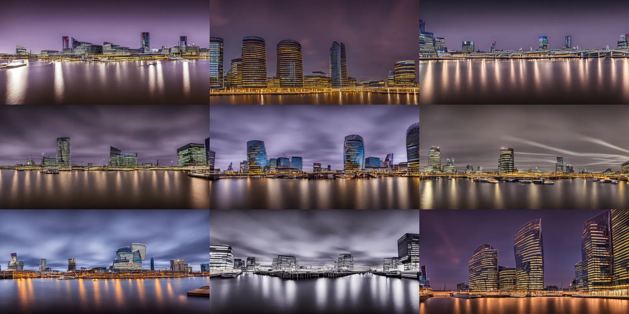 Prompt: high quality night photograph of Docklands in London, dimly lit cirrus clouds, long exposure, architecture photography, ultrawide image