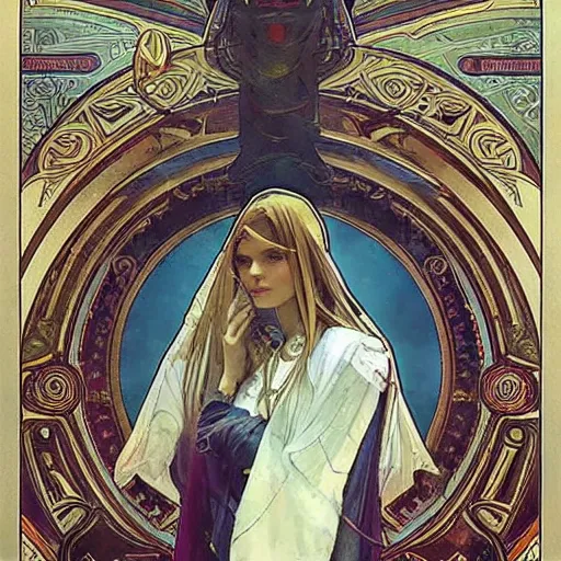 Image similar to seductive science fiction byzantine noble, by alphonse mucha and greg rutkowski