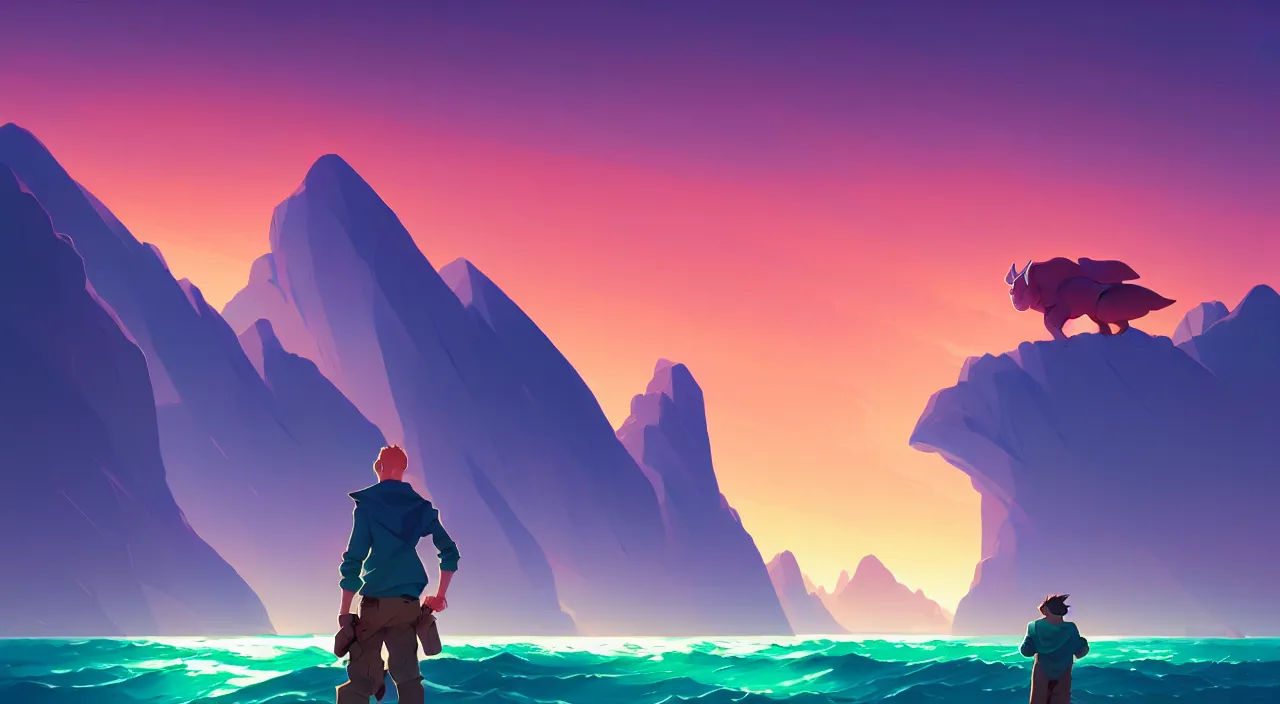 Prompt: a man who has a green square instead of a head in the middle of the ocean at sunset mountains are visible in the background, in marble incrusted of legends heartstone official fanart behance hd by Jesper Ejsing, by RHADS, Makoto Shinkai and Lois van baarle, ilya kuvshinov, rossdraws global illumination