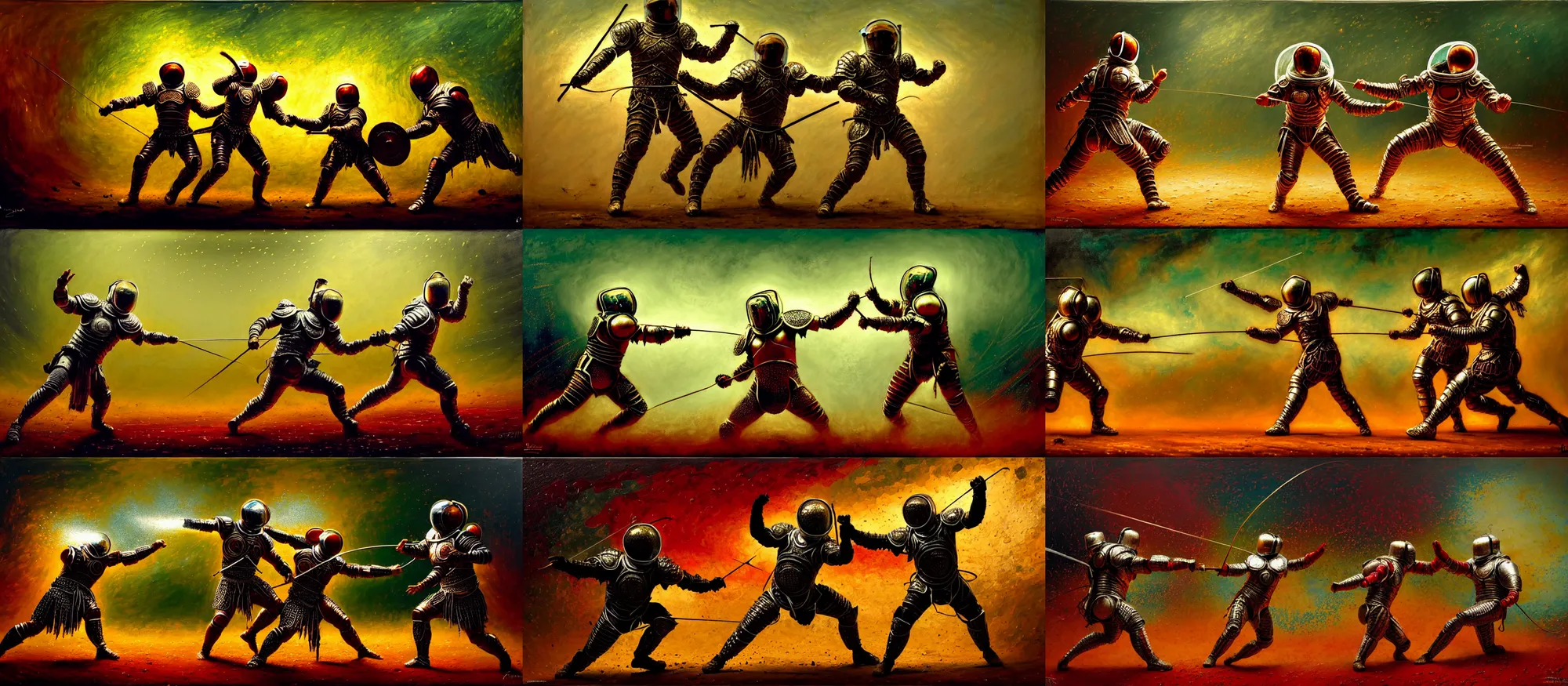 Prompt: battle scene, gladiator - astronauts, fencing, fractal armor, girih, bargello, luminist, tonalism, dramatic lighting, action scene, palette knife, frenetic, chiaroscuro, figurative art, detailed, proportions, spatter, dust, atmospheric, volumetric lighting, venetian red, raw sienna, sage green