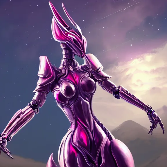 Image similar to extremely detailed giantess shot of a goddess that's a giant beautiful stunning anthropomorphic robot female dragon, standing majestically on a mountain, elegant pose, robot dragon claws, streamlined shiny silver metal armor, fuchsia skin below the armor, sharp metal claws, long elegant tail, detailed warframe fanart, destiny fanart, high quality digital art, giantess art, furry art, warframe art, furaffinity, DeviantArt, artstation, 8k HD, octane render