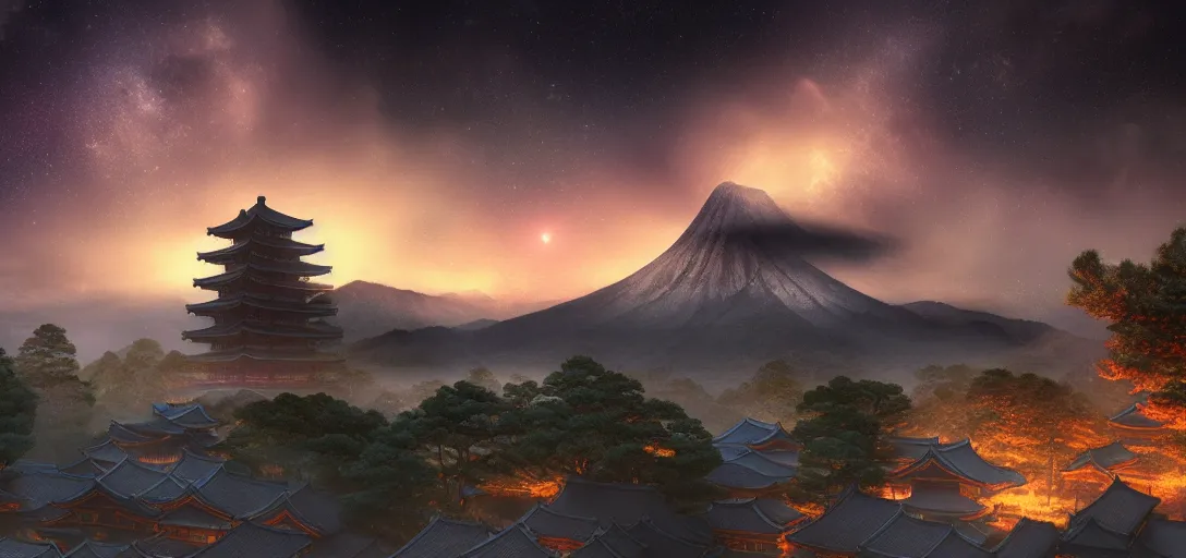 Image similar to very beautiful view of an ancient japanese city at night, temples, trees, mountains in the background, galaxy nebula, dramatic clouds, glowing fog, dramatic lighting, ultra detailed, sharp, ambient occlusion, raytracing, by greg rutowski, paul chadeisson and jessica rossier