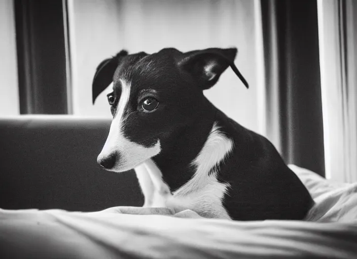 Image similar to photography of a Jack Russel . watching outside the window. on a bed. in a 70's room full of vinyls and posters, photorealistic, award winning photo, 100mm, sharp, high res