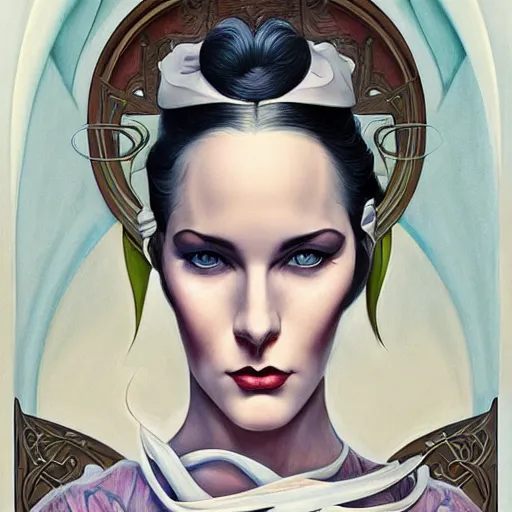 Image similar to an art nouveau, ( streamline moderne ), multi - racial portrait in the style of anna dittmann and donato giancola and chanthara. very large, clear, expressive, and intelligent eyes. centered, ultrasharp focus, dramatic lighting, photorealistic digital matte painting, intricate symmetrical ultra detailed background.