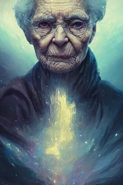 Image similar to the look of an elderly person 4 1 6 0 full of wrinkles and imperfections by artgem and greg rutkowski, highly detailed, high contrast, light reflection, trippy, nebula, trending on artstation