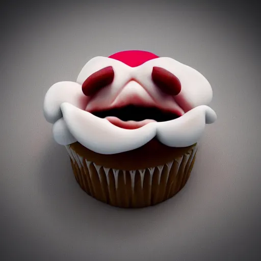 Image similar to ice cream cupcake shaped like screaming chucky doll, octane render, centered, ultrarealistic