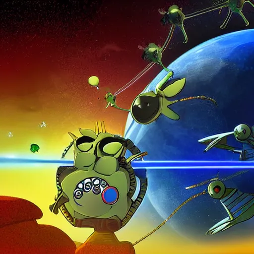 Image similar to laser war between funny creatures on a planet, digital art, award winning 4K