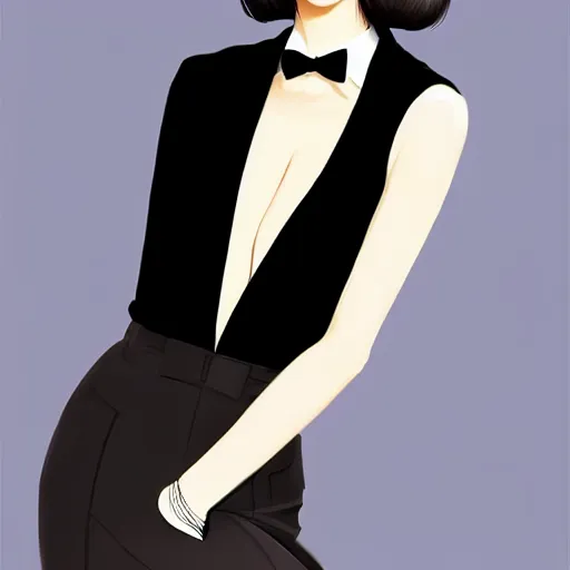 Prompt: young female in black tuxedo, corporate boss, luxury, muted colors, matte print, pastel colors, 2d, ultra highly detailed, smooth, sharp focus, digital art, digital painting, fan art, elegant, artstation, by Ilya Kuvshinov