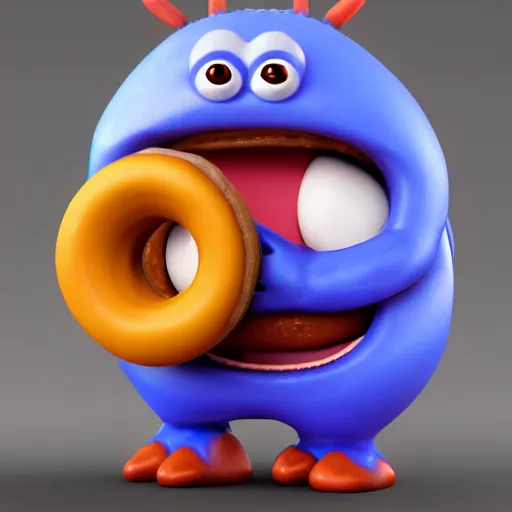 Image similar to cute anthropomorphic happy donut monster with big teeth and big eyes detailed character concept 3 d pixar style render 4 k