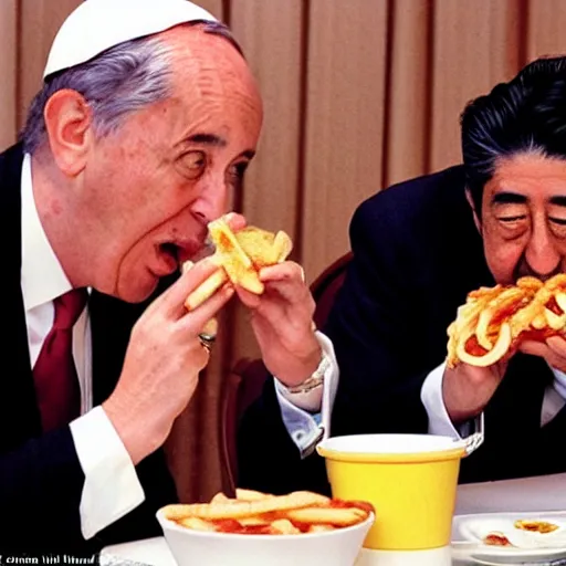 Image similar to the pope eating mc donalds with shinzo abe, photo by slim aarons, award winning