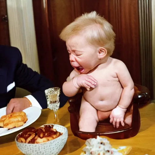 Image similar to Donald trump as a man baby crying, sitting in a high chair, because his mom is with holding a plate chicken nuggets, mannerism,
