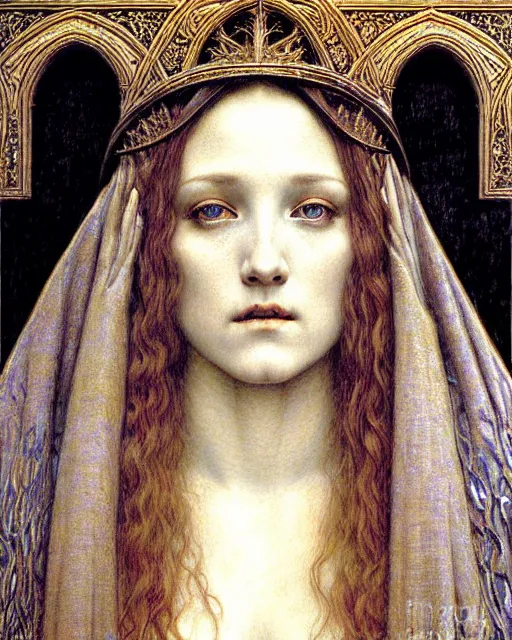 Image similar to detailed realistic beautiful young medieval queen face portrait by jean delville, gustave dore and marco mazzoni, art nouveau, symbolist, visionary, gothic, pre - raphaelite. horizontal symmetry