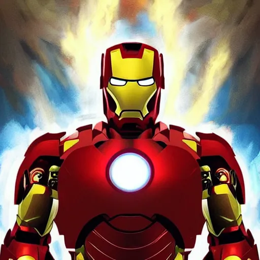 Image similar to a portrait of iron man on in his biggest form fighting the underworld monsters the background is all fire the monsters are human form digital art