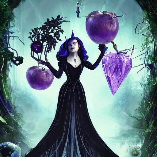 Image similar to evil queen holding up a crystal apple with both hands, wearing a black dress with big collar, a violet magical jungle in the background. in the style of magic the gathering, james jean, ross tran, craig mullins. yennefer vengerberg, magical atmosphere, superdetailed illustration, 3 d art overpain, 8 k