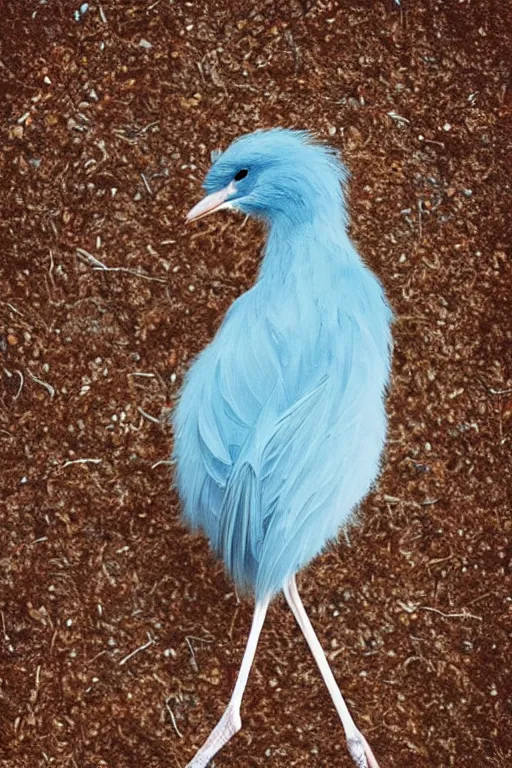 Prompt: A small, delicate bird with pale blue plumage and long, skinny legs. It is hopping on the ground, searching for food. The background is a beautiful blue sky on a autumn day. by Alessio Albi, Nina Masic, center framing, soft focus, vertical portrait, colorful lighting, f2, 50mm, hasselblad, film grain, reasonable lighting, portrait lighting, natural lighting, light leaks