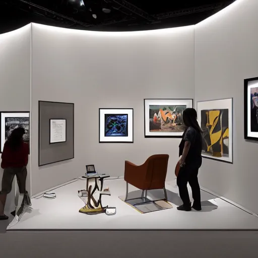 Prompt: an exhibition booth showing modern art, 4 k, photography, highly detailed, cinematic lighting, journalism