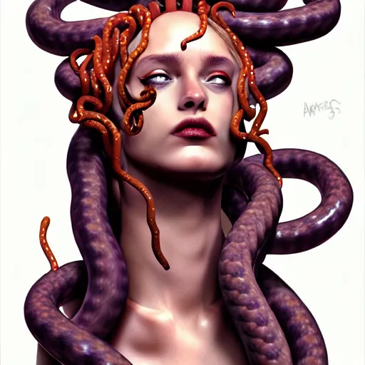 Prompt: medusa with sausages instead of snakes, sausage hair, photorealistic, illustration, intricate details, masterpiece, digital art, trending on artstation