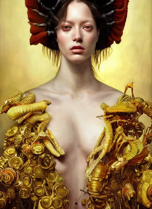 Prompt: highly detailed oil painting | very intricate | cinematic lighting | award - winning | mantis shrimp fashion by alexander mcqueen | by roberto ferri, by tom bagshaw, by j. c. leyendecker and klimt, american romanticism, by austin osman spare, artstation, cgsociety, official art, octane