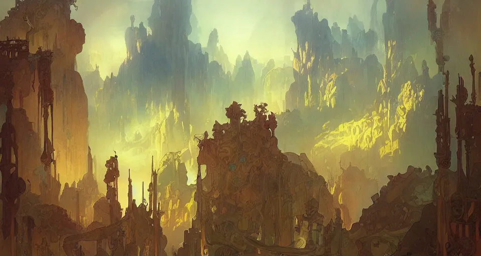 Image similar to A beautiful landscape painting of steampunk landscape by Alfons Maria Mucha and Julie Dillon and Makoto Shinkai