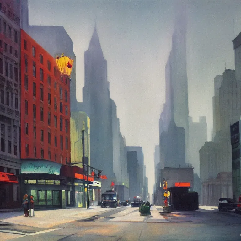 Image similar to city fog, early morning, streets with trash, painted by Edward Hopper, painted by Wayne Barlow, airbrush