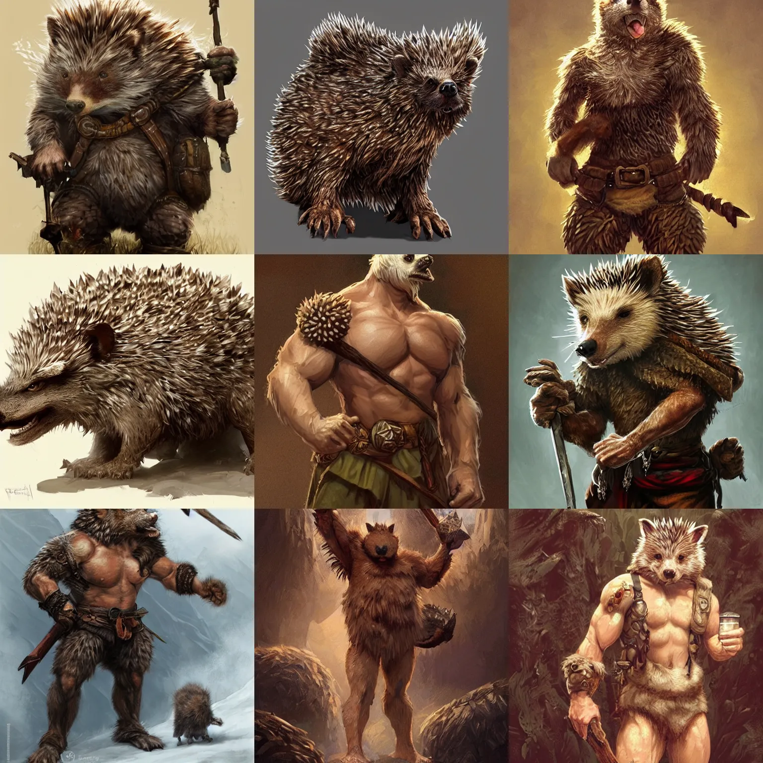 Prompt: anthropomorphic rugged hedgehog!!! with furry!! barbarian muscular upper body, 👅 👅 , D&D, fantasy, intricate, elegant, highly detailed, digital painting, artstation, concept art, smooth, sharp focus, illustration, art by artgerm and greg rutkowski and alphonse mucha