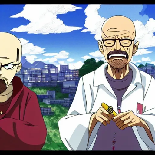 Prompt: walter white smoking a joint with jesse pinkman, in One Piece Anime Series, 4k Resolution.