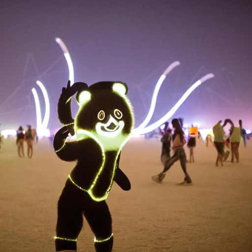 Image similar to a panda wearing led - lined clothing dancing at night on a busy playa at burning man