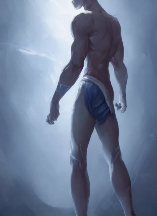 Image similar to a calm young adult male muscular slim blue elf with gey light clothes character design by greg rutkowski