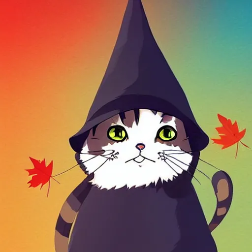 Prompt: very cute illustration of a cat wearing a witch hat, studio ghibli art style, warm fall colors