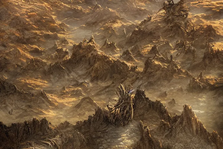 Image similar to high aerial shot, fantasy landscape, sunset lighting ominous shadows, cinematic fantasy painting, dungeons and dragons, barren dry land, desert valley of bones, sand dunes, cracked mud, dry river bed, rock outcroppings, autumn maple bonsai, by jessica rossier and brian froud and hr giger