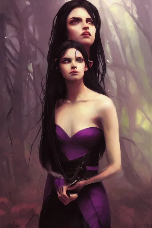 Image similar to portrait painting of female forest elf black hair, purple eyes, black dress, dramatic light, 8 k, by greg rutkowski