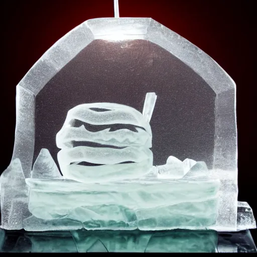 Image similar to a clear ice sculpture of a burger made entirely of ice, 4 k