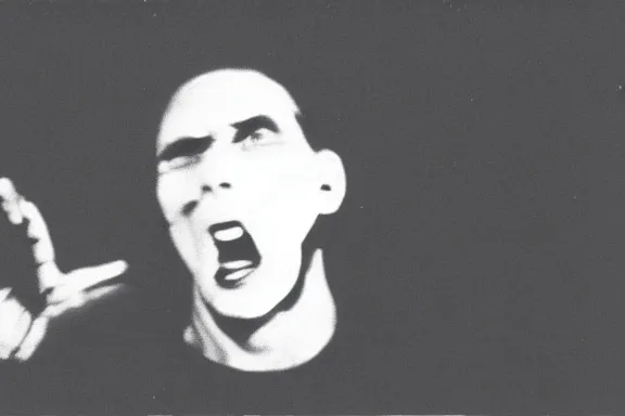 Prompt: a black and white screenshot from a vhs tape of jerma with his mouth unhinged and wide open in the dark