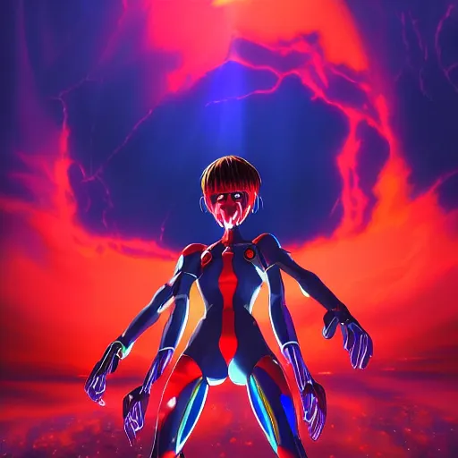 Image similar to Photorealistic neon genesis evangelion. Hyperdetailed photorealism, 108 megapixels, amazing depth, glowing rich colors, powerful imagery, psychedelic Overtones, 3D finalrender, 3d shading, cinematic lighting, artstation concept art