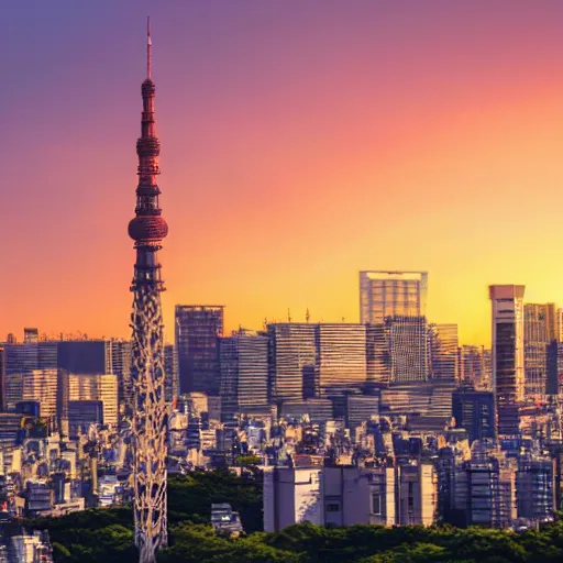 Image similar to landscape of Tokyo with a tower at sunset