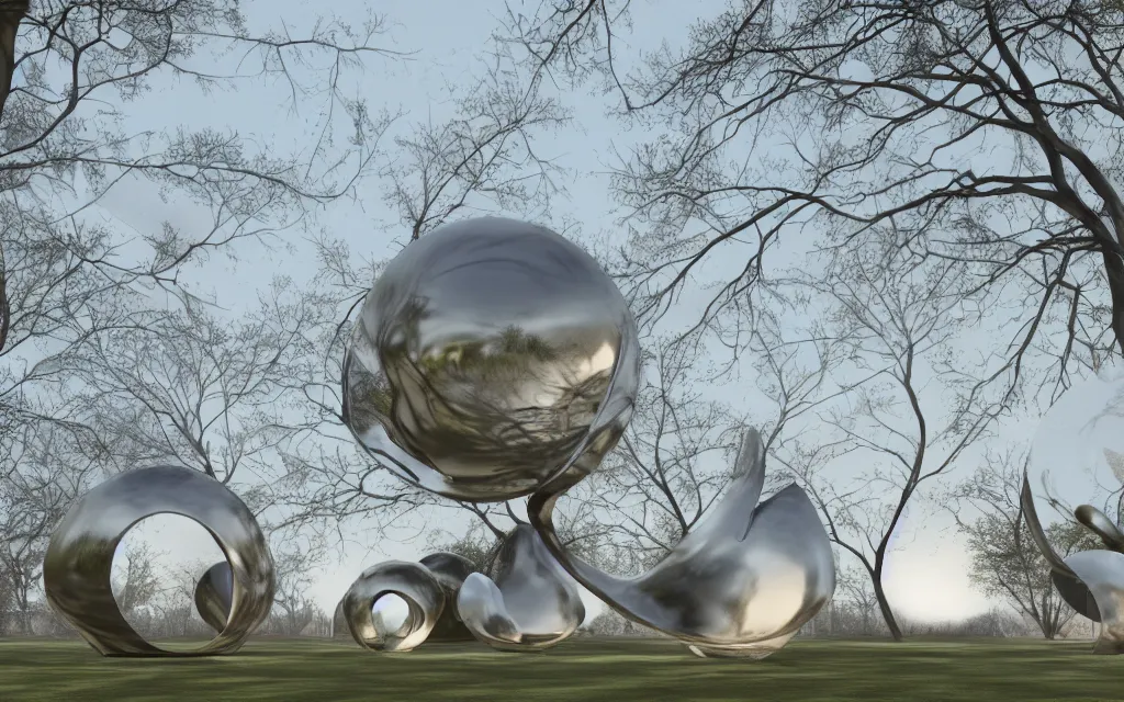 Image similar to Bulb and hollow spherical round forms as a metal sculpture in a park , smooth shiny texture, sculpted by Henry Moore Barbara Hepworth , Matte painting V Ray, warm volumetric lighting , 3D 8K HD trending on art station
