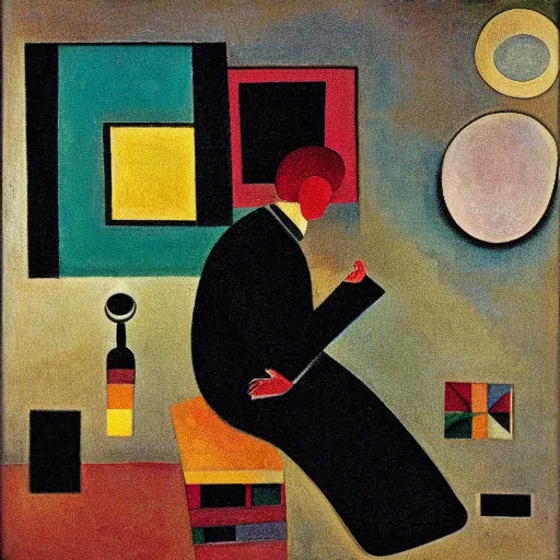 Prompt: a man sitting in a room feeling weird, wassily kandinsky