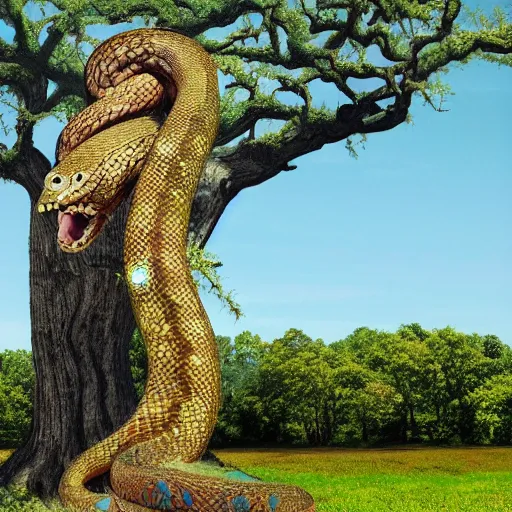 Prompt: a giant snake with an oak tree for a head