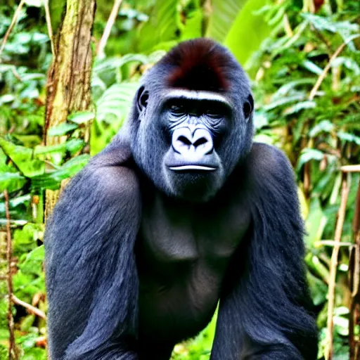 Image similar to gorilla with an elephant trunk in place of its nose, standing in the jungle